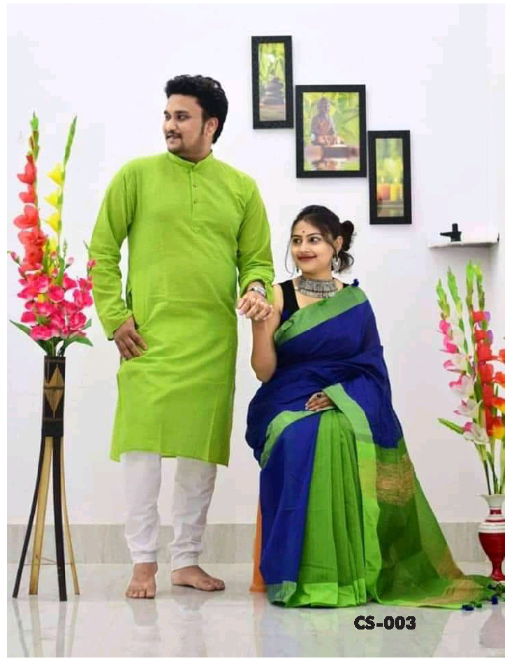 Buy Dheu Fluorescent Green & Pink Handloom Cotton Silk Saree & Kurta Couple  Set- (Size- XL) Online at Best Prices in India - JioMart.