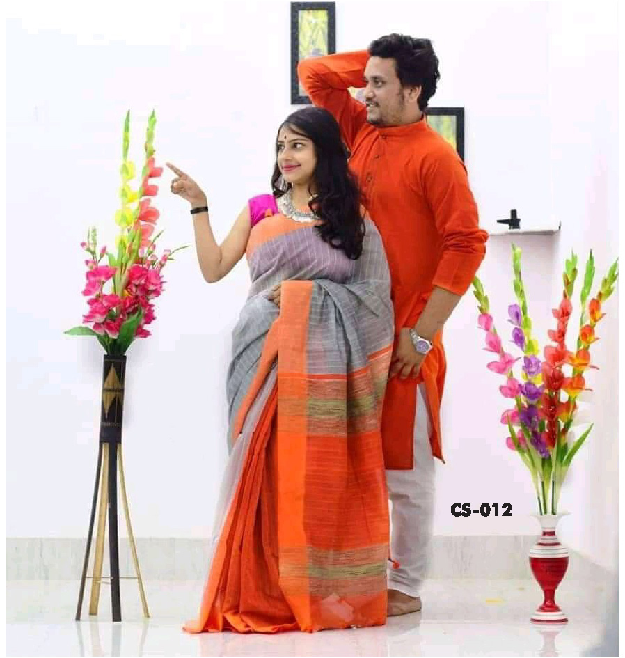 Couple sets consisting of gents kurta, ladies saree with running blouse  piece. Hand done appliqu… | Matching couple outfits, Couple outfits, Couple  matching outfits